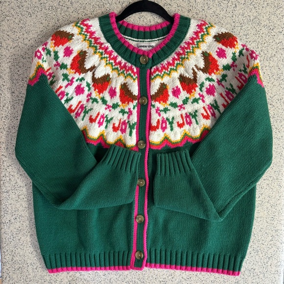 XL Lands End Lofty Birdseye Green and Pink Fair Isle chunky button up cardigan. - Picture 8 of 11